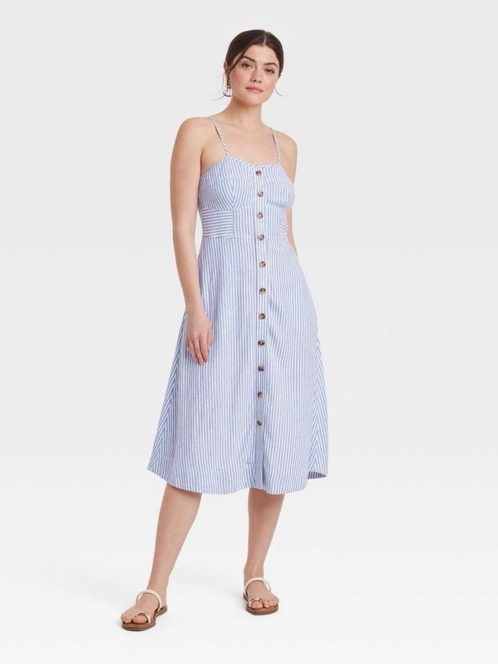 NWOT Blue Stripe Button-Front Spaghetti Strap Midi Dress